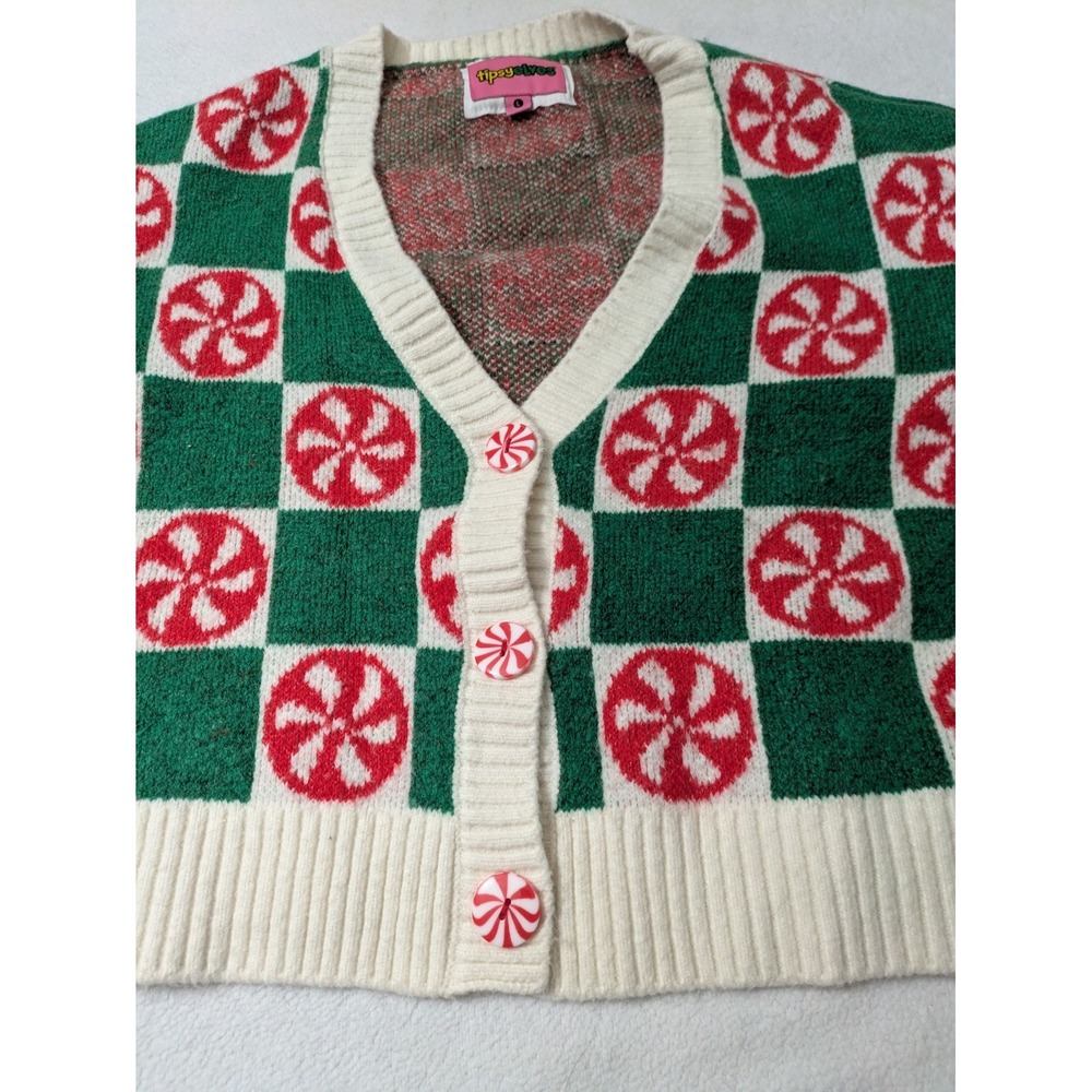 TipsyElves Peppermint Cropped Cardigan Sweater Large Buttons Ugly Christmas - Picture 5 of 8